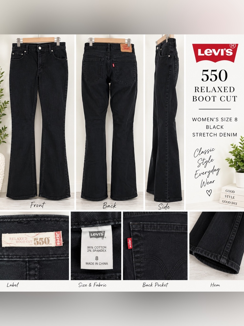 Levi’s 550 Relaxed Bootcut Jeans Women’s Size 8 Black Stretch Denim - Picture 2 of 2
